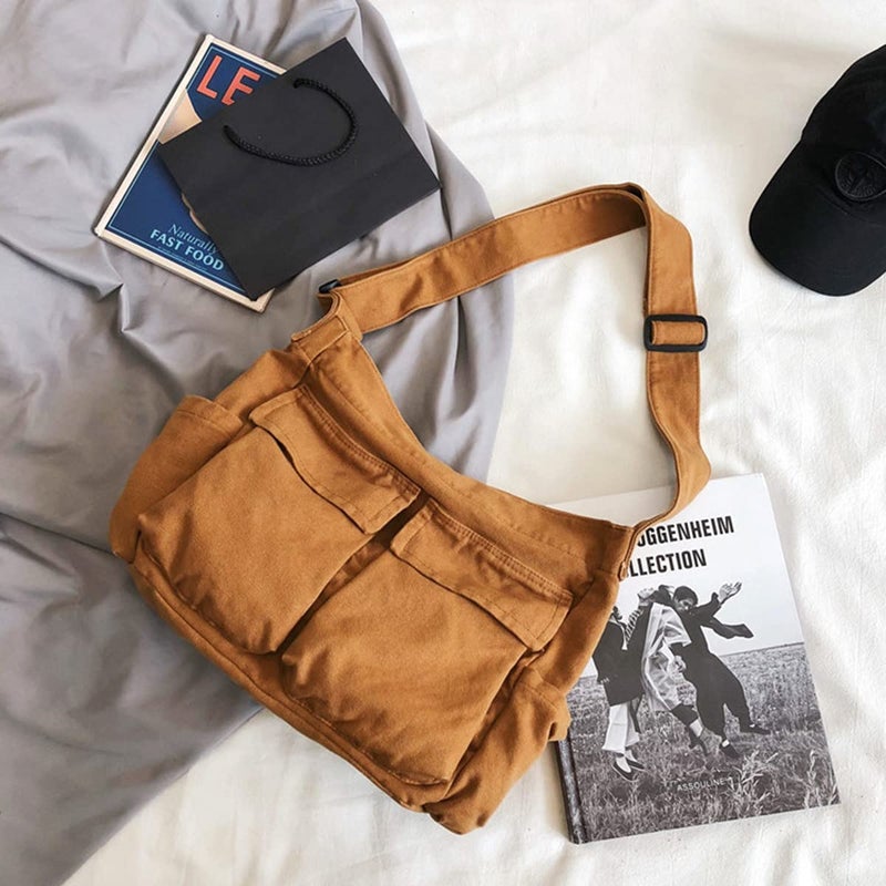 Gaxos Aesthetic Cute Messenger Bag For School Vintage Brown Canvas Crossbody For Women Shoulder Laptop Bag - Image 2
